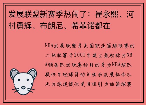 发展联盟新赛季热闹了：崔永熙、河村勇辉、布朗尼、希菲诺都在
